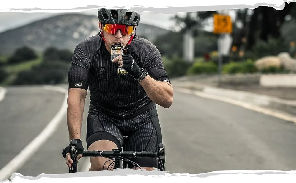 Ryno Power Mana Performance Gel Caddy (12 Servings) 'Salted Caramel' - He is riding a bicycle and using salted caramel flavored mana gel