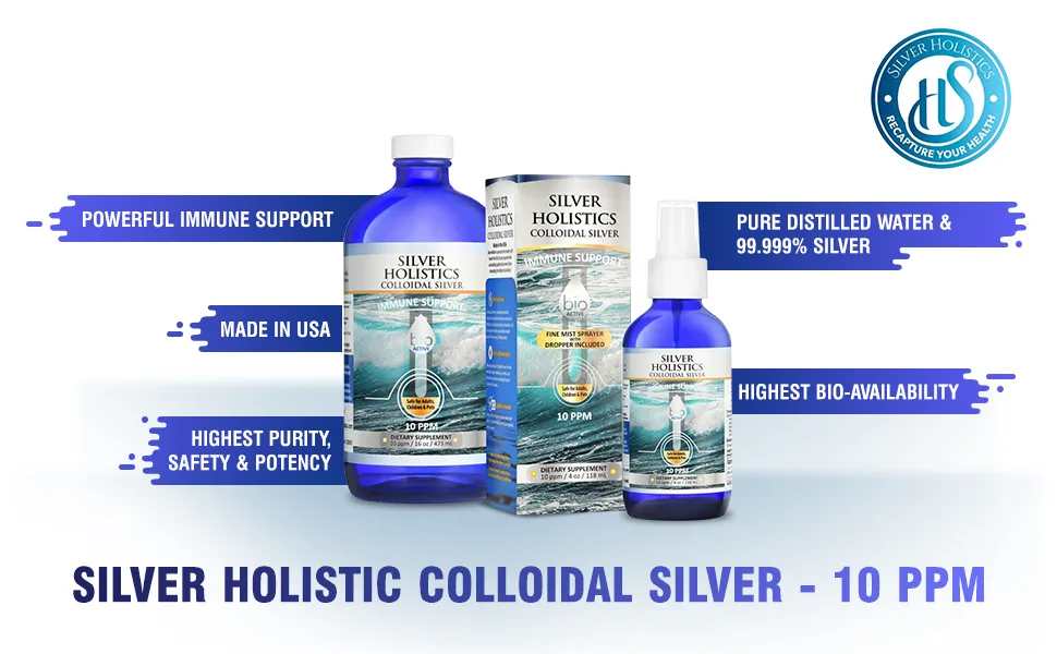 SILVER HOLISTICS Colloidal Silver Liquid 10PPM - Colloidal Silver Bottle with Measuring Cups - Silver Holistics Liquid for Children Adults & Pets - Silver Supplement for Immune Support (16 Oz.) - Silver Holistics Colloidal Silver