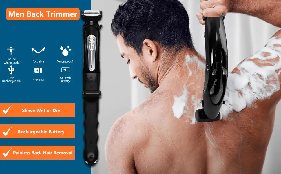 Men Back Trimmer Back Shaver Wet and Dry Use Men Back Groomer Extreme Reach Handle and Power Burst USB Rechargeable - Men Back Trimmer