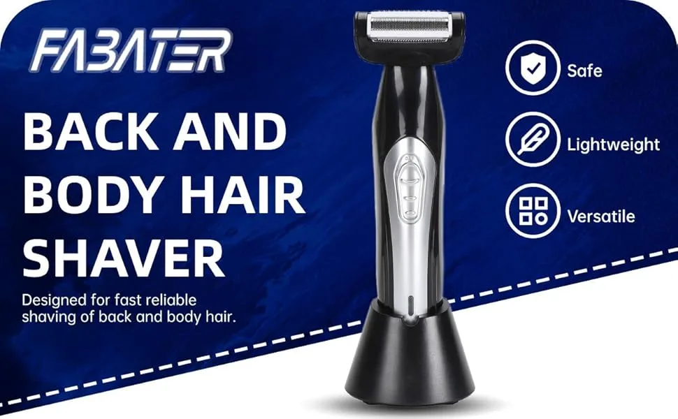 Back Shaver Showerproof Body & Manscaping Trimmer for Men Multifunctional Electric Back Hair Razor with Detachable Handle & Charging Base for Wet and Dry Use - product information 1
