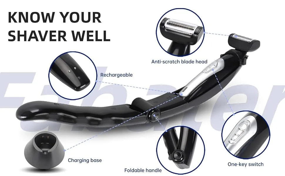Back Shaver Showerproof Body & Manscaping Trimmer for Men Multifunctional Electric Back Hair Razor with Detachable Handle & Charging Base for Wet and Dry Use - product information 2