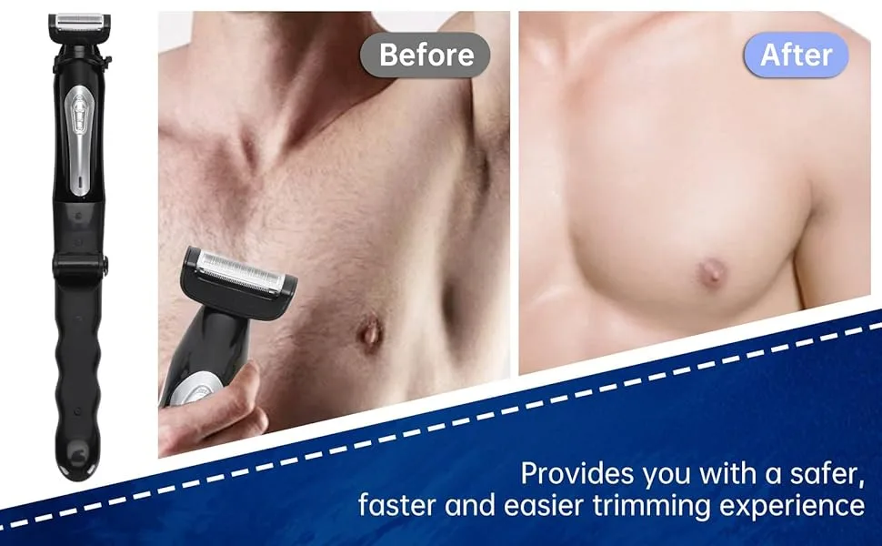 Back Shaver Showerproof Body & Manscaping Trimmer for Men Multifunctional Electric Back Hair Razor with Detachable Handle & Charging Base for Wet and Dry Use - product information 3