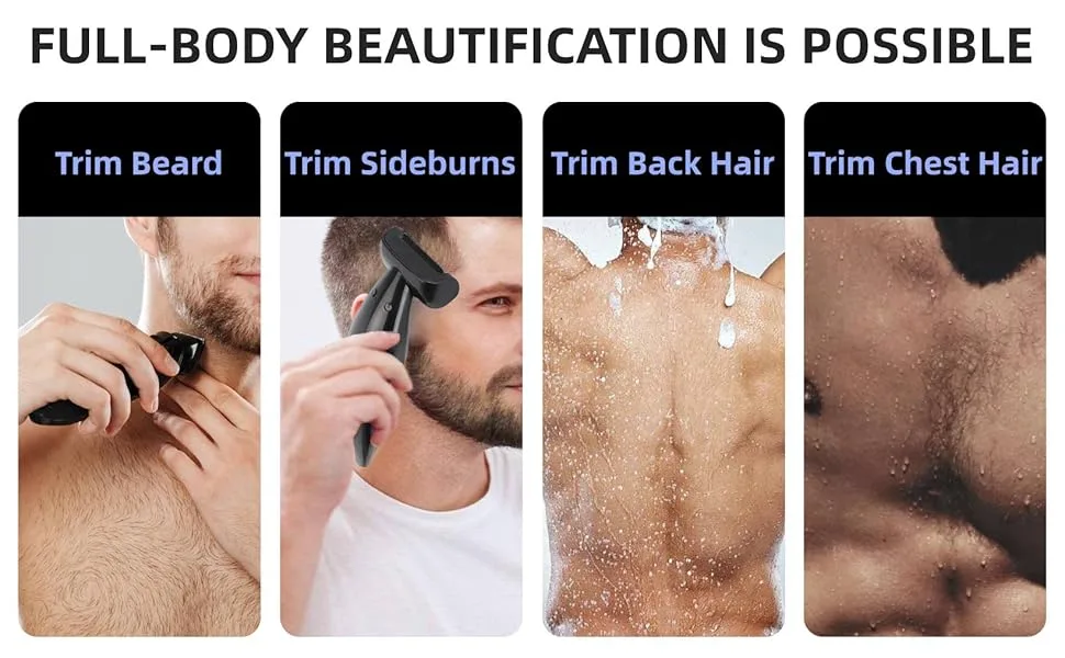 Back Shaver Showerproof Body & Manscaping Trimmer for Men Multifunctional Electric Back Hair Razor with Detachable Handle & Charging Base for Wet and Dry Use - product information 4