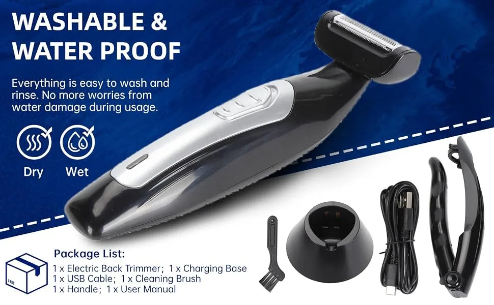 Back Shaver Showerproof Body & Manscaping Trimmer for Men Multifunctional Electric Back Hair Razor with Detachable Handle & Charging Base for Wet and Dry Use - product information 5