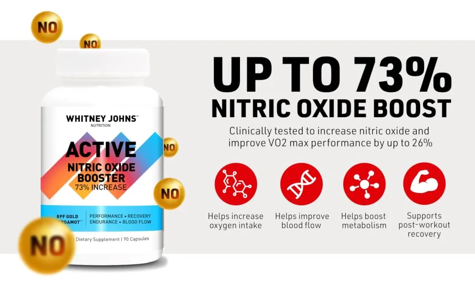 Nitric Active - Nitric Oxide Booster Clinically Tested For A Natural Energy Pure Boost of Athletic Performance Endurance Increased Oxygen Intake (VO2 Max) & Workout Recovery - 90 Caps - Up to 73% Nitric Oxide Boost