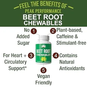Beet Chews - Great Tasting Beets Chewables With No Added Sugar - Better Than Gummies. Contains Organic Beet Root Extract. Vegan Zero Gluten Beetroot Total Supplement For Heart Circulatory BP - Beetroot Chews