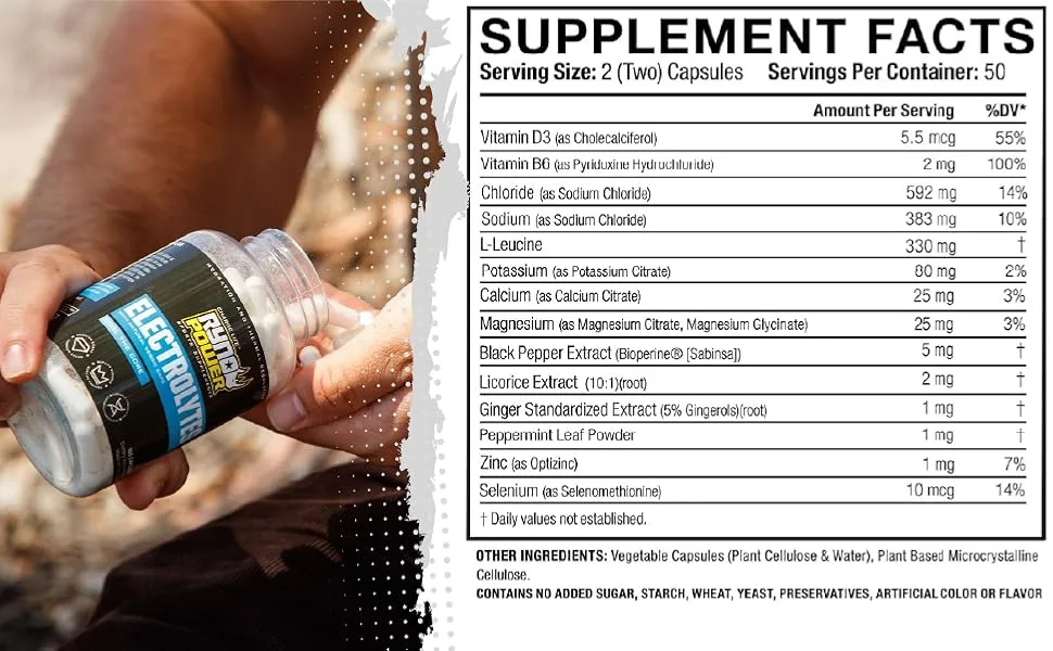 Ryno Power Electrolytes Supplement Capsules (50 Servings) - Supplement facts cool the core electrolytes