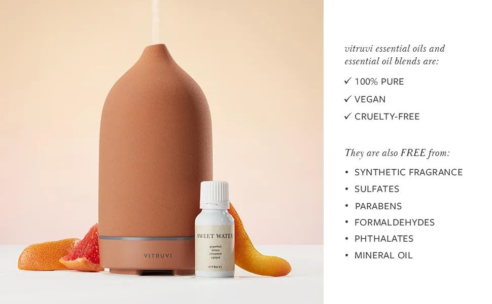 Vitruvi Sweetwater Citrusy Essential Oil Blend with Grapefruit Palmarosa and Cinnamon Oil (0.5 Fl oz) - bullet points