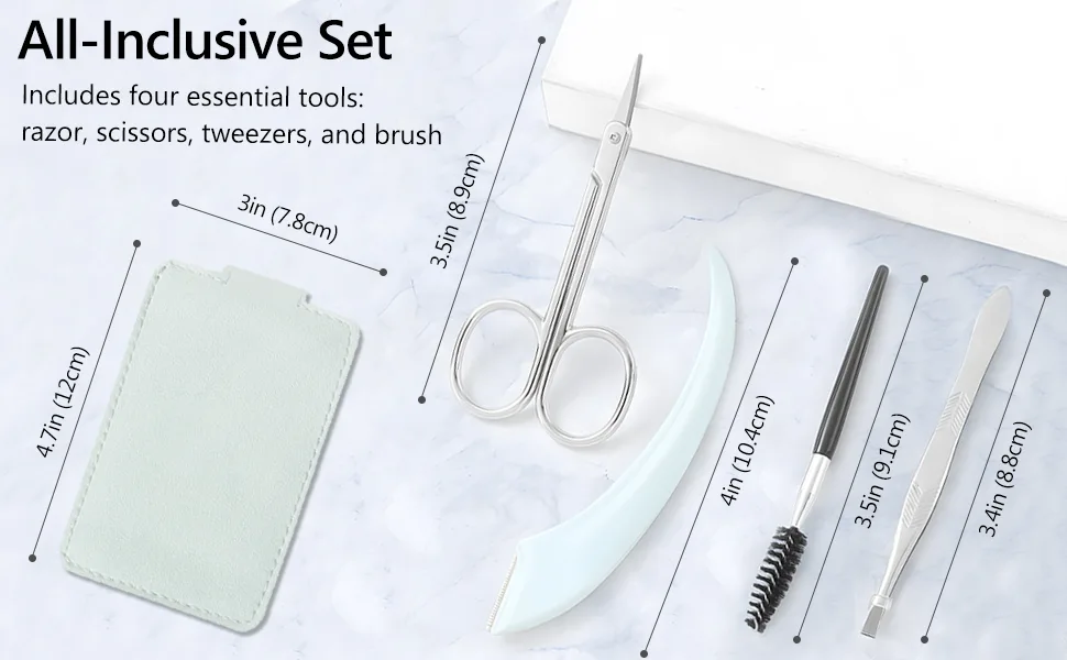 Eyebrow Trimmer Kit 5-in-1 Set with Eyebrow Scissors Eyebrow Razor Tweezer Brush and Mirror for Women Includes Leather Carry-Around Bag (Green). - All-Inclusive Set