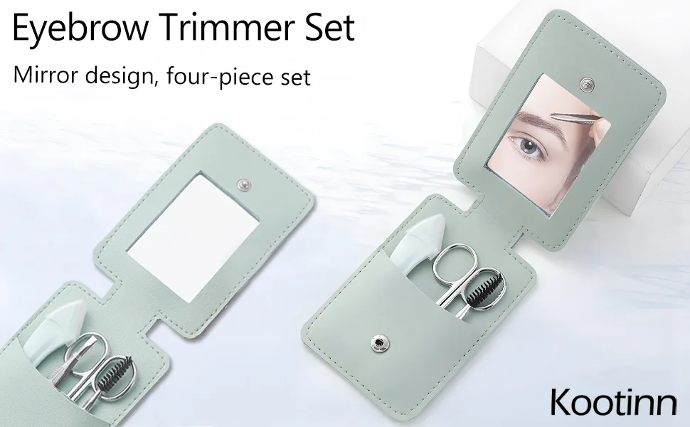 Eyebrow Trimmer Kit 5-in-1 Set with Eyebrow Scissors Eyebrow Razor Tweezer Brush and Mirror for Women Includes Leather Carry-Around Bag (Green). - Eyebrow Trimmer Set