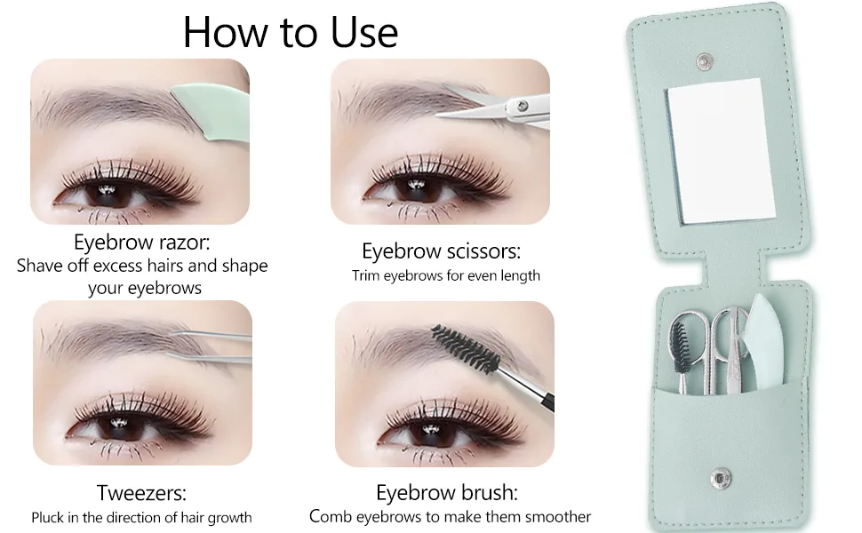 Eyebrow Trimmer Kit 5-in-1 Set with Eyebrow Scissors Eyebrow Razor Tweezer Brush and Mirror for Women Includes Leather Carry-Around Bag (Green). - How to Use