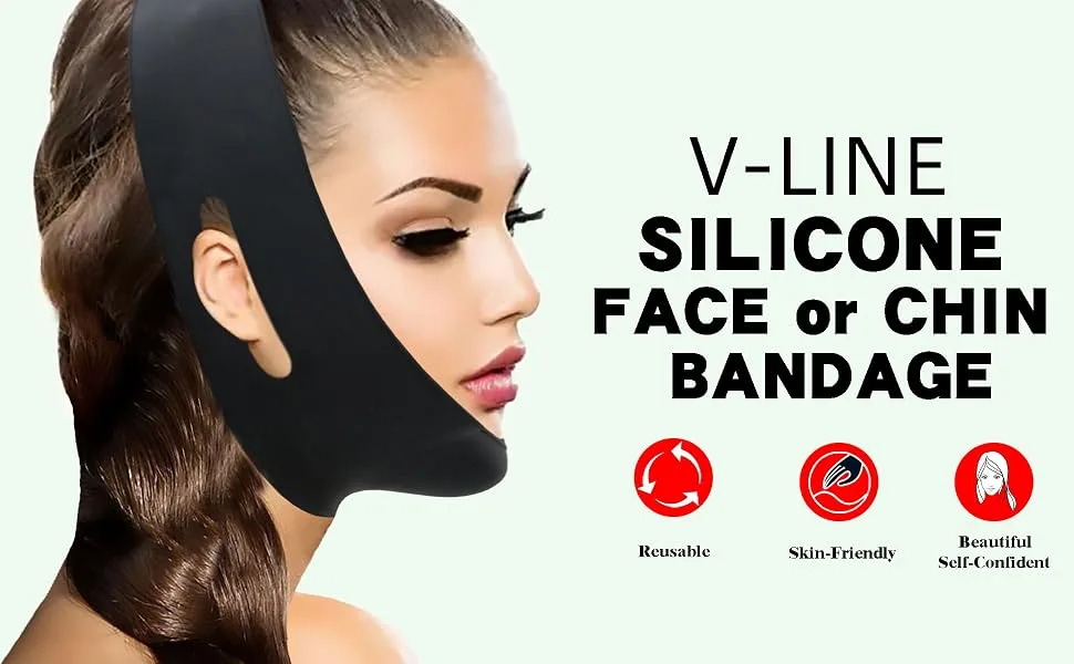 Silicone Chin Strap Reusable V Line Mask Chin Strap No Threads Chin Mask for Women & Men (Black) - Double Chin Reducer