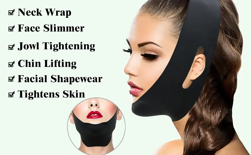 Silicone Chin Strap Reusable V Line Mask Chin Strap No Threads Chin Mask for Women & Men (Black) - V-line Shaping Face Lift Belt
