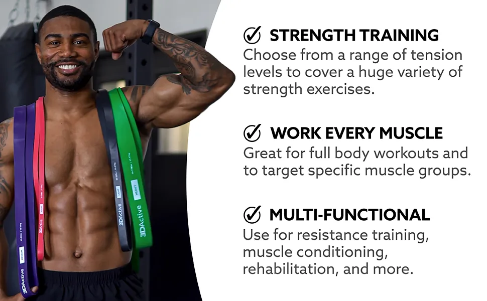3DActive Pull Up Assist Band - Resistance Band for Strength Training Powerlifting Body Stretching Crossfit. Free Exercise Guide. #1 Red- 10 to 35 Pounds (1/2 " *4.5mm) - Single Band - Strength training, work every muscle group, multi-functional.