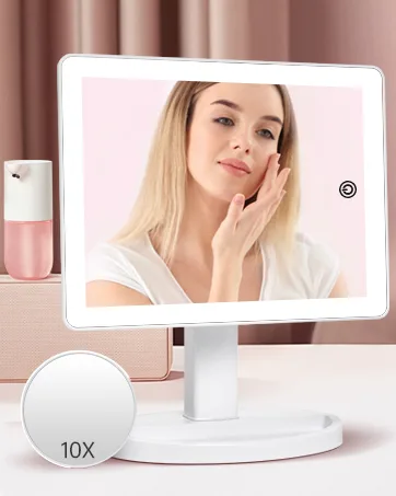 Rechargeable Lighted Travel Makeup Vanity Mirror with 3 Colors Lighting, Light Up Mirror with 72 LEDs and Touch Sensor Dimming, Foldable Portable Ultra Thin Tabletop Compact Cosmetic Beauty Mirror White - Large Makeup Mirror with Magnification