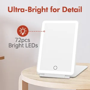 Rechargeable Lighted Travel Makeup Vanity Mirror with 3 Colors Lighting, Light Up Mirror with 72 LEDs and Touch Sensor Dimming, Foldable Portable Ultra Thin Tabletop Compact Cosmetic Beauty Mirror White - LED makeup mirror
