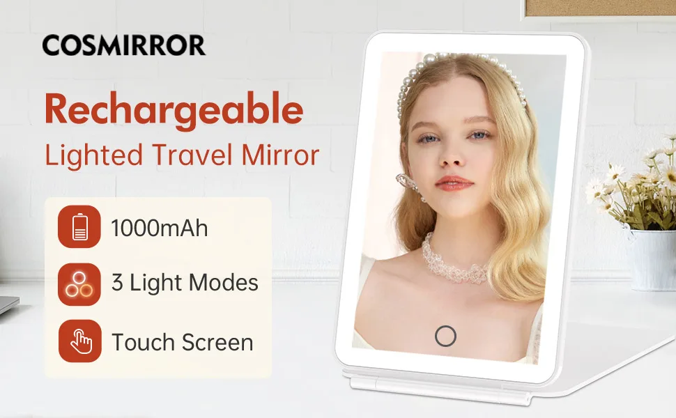 Rechargeable Lighted Travel Makeup Vanity Mirror with 3 Colors Lighting, Light Up Mirror with 72 LEDs and Touch Sensor Dimming, Foldable Portable Ultra Thin Tabletop Compact Cosmetic Beauty Mirror White - Rechargeable Travel Makeup Mirror with Lights