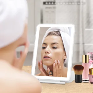 Rechargeable Lighted Travel Makeup Vanity Mirror with 3 Colors Lighting, Light Up Mirror with 72 LEDs and Touch Sensor Dimming, Foldable Portable Ultra Thin Tabletop Compact Cosmetic Beauty Mirror White - Tabletop makeup mirror