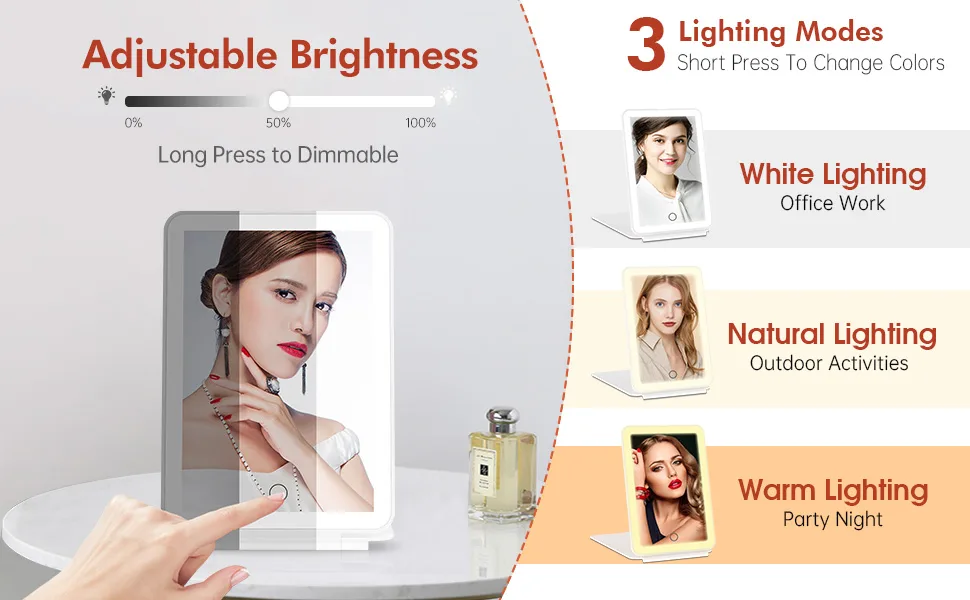 Rechargeable Lighted Travel Makeup Vanity Mirror with 3 Colors Lighting, Light Up Mirror with 72 LEDs and Touch Sensor Dimming, Foldable Portable Ultra Thin Tabletop Compact Cosmetic Beauty Mirror White - Travel makeup mirror with 3 color lighting