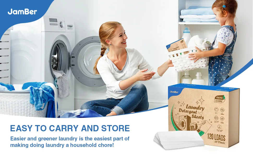 JamBer Laundry Detergent Sheets 60 Sheets 120 Loads Washer Soap Strips Plant Based Liquidless Formula Zero Waste for Home Dorm Travel Camping & Hand Washing Clean No Waste Fresh Scent - laundry detergent sheets