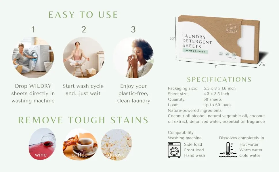 Liquidless Laundry Detergent Sheets (60 Sheets) - Bamboo Fresh Scent - Eco-friendly 100% Plastic-free Biodegradable Hypoallergenic & Non-toxic - Easy to use