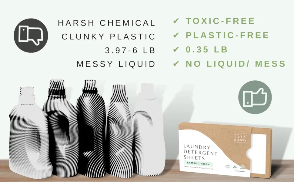 Liquidless Laundry Detergent Sheets (60 Sheets) - Bamboo Fresh Scent - Eco-friendly 100% Plastic-free Biodegradable Hypoallergenic & Non-toxic - wildry detergent sheets weighs and produce 90% less carbon footprint in transportation