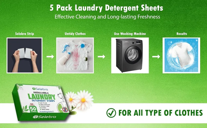 Eco Sheets Laundry Detergent with 5 Different Scents (100 Loads) 50 Strips Fresh Scent Plastic-Free Liquid-Free Technology - Detergent Strips for Travel - Step Detergent