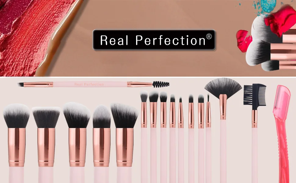 Real Perfection Makeup Brushes 16pcs Makeup Brushes Set with 1 Eyebrow Razor Premium Synthetic Foundation Brushes Blending Face Powder Eye Shadow Concealer Make Up Brushes Tool Kit - makeup brushes luxie makeup brush set make up brushes professional makeup brushes morphe brush set