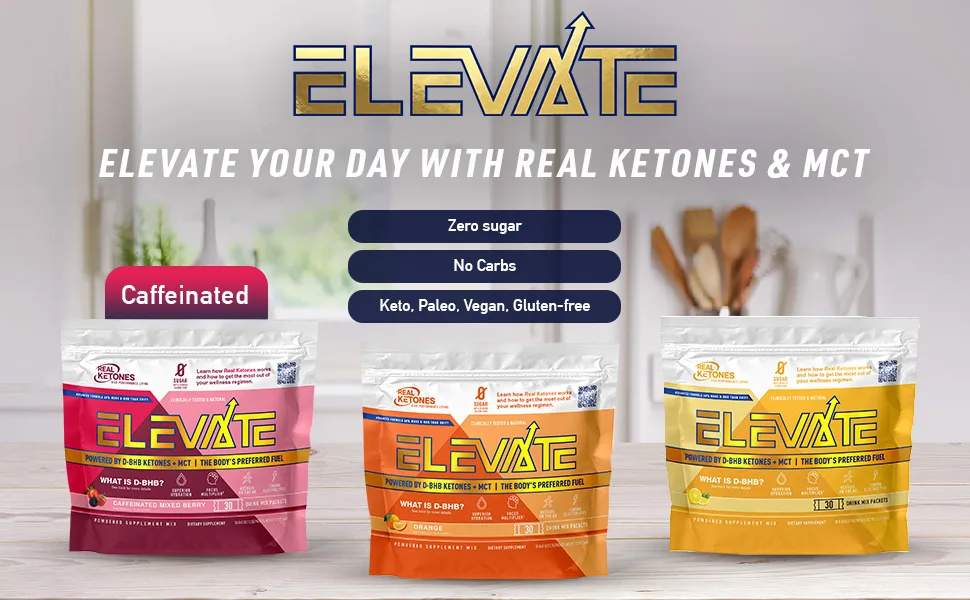 Real Ketones Prime D - Exogenous Keto D BHB + MCT + Electrolytes Drink Mix Supplement Powder, 60 Packets, Orange Blast, for Rapid Ketosis (60 Servings) - Elevate your day with Real Ketones & MCT, product on kitchen counter