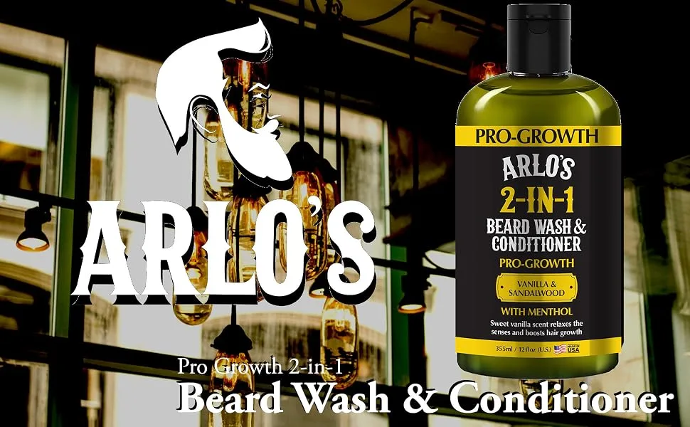 Arlo's Pro-Growth 2-in-1 Beard Wash and Conditioner - Vanilla Sandalwood with Menthol 12 oz - Arlos Beard Aplus Beard Wash - Vanilla Sandalwood
