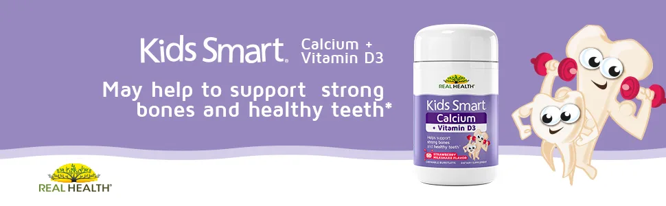 Real Health Kids Smart Calcium + D3 Chewable Supplements, 50 Count - Kids Smart Support Strong Bones and Healthy Teeth