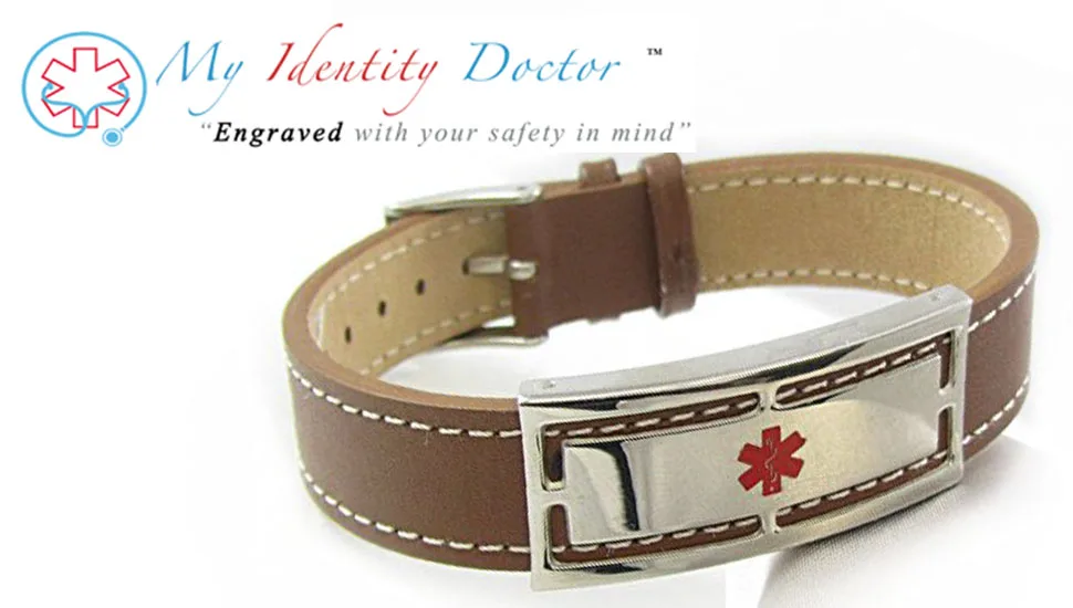 Genuine Leather Medical Alert Bracelet with Engraving BROWN: 6.75in/17.4cm - 8in/20.32cm - product information 1