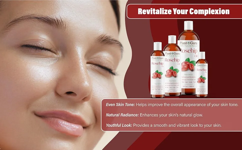 Rosehip Oil 16 oz. Refined and Deodorized 100% Pure Natural - Skin Body And Face. Great for Hair Growth & More! - Revitalize your complexion