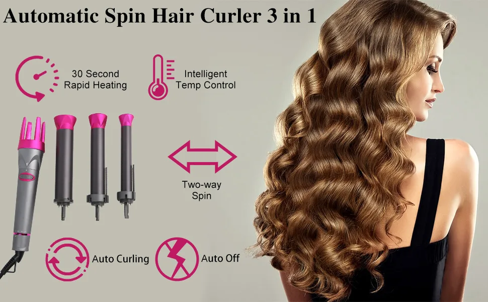 Automatic Curling Iron Rotating Curling Iron Wand Auto Rotating Hair Curler with 3 Interchangeable Ceramic Barrels to Create Beach Wave Curls Temps Adjustable LCD Display Instant Heat Dual Voltage - Automatic Rotating Curling Iron Wand