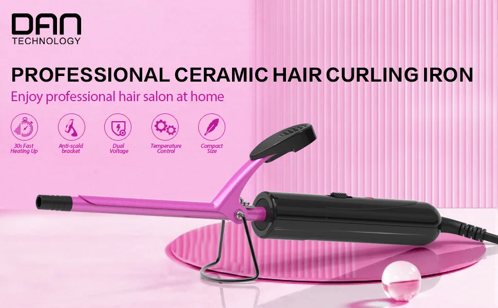 DAN Technology Small Ceramic Curling Wand with Adjustable Temperature for Tight Curls on Short & Long Hair (3/8 Inch 10MM) 3/8 Inch 10MM Pink - Professional Ceramic Curling Iron