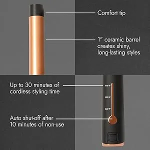 Ion Luxe Dual Voltage Cordless 1" Ceramic Curling Wand | Travel Friendly Auto Shut Off Nano Silver and Tourmaline Technology - cordless info