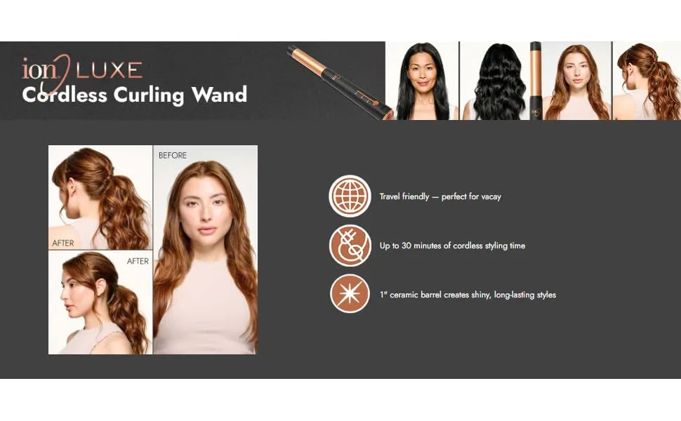 Ion Luxe Dual Voltage Cordless 1" Ceramic Curling Wand | Travel Friendly Auto Shut Off Nano Silver and Tourmaline Technology - Cordless wand info