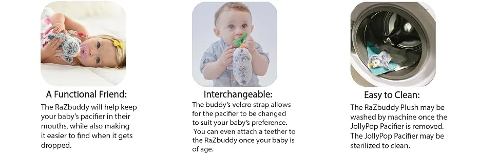 RaZbaby RaZbuddy JollyPop Pacifier Holder with Removable Baby Pacifier, Puppy - Functional, Interchangeable, Clean, Easy