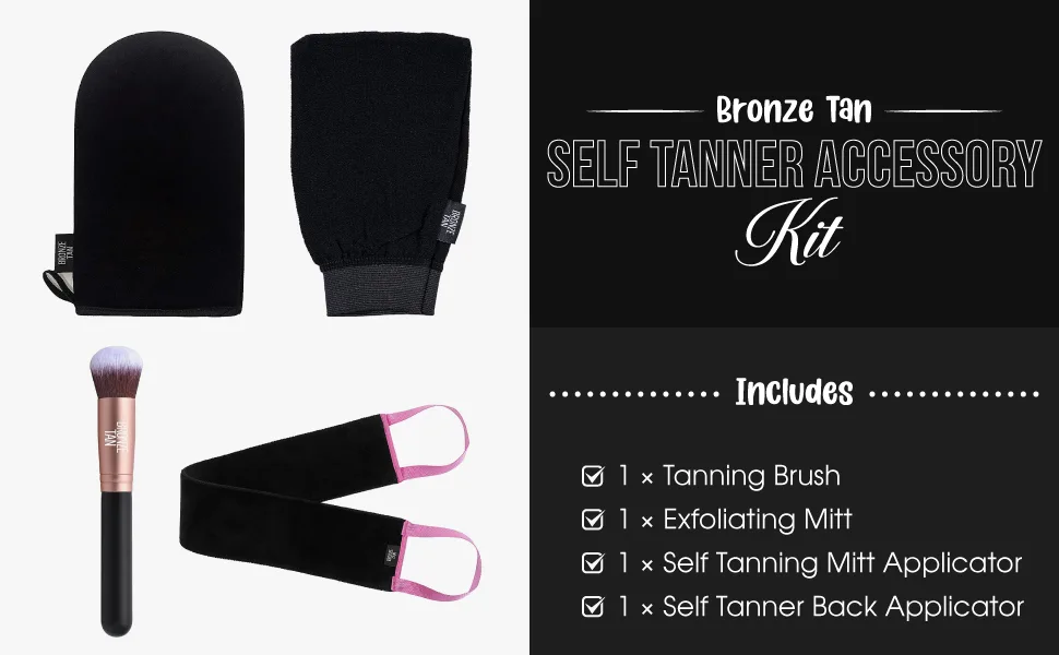 Bronze Tan Self Tanner Accessory Kit - Includes Self Tanning Mitt Tan Remover Exfoliating Mitt Easy-Reach Back Applicator Tanning Brush Applicator for Face & Hands - Sunless Tanning Application - Bronze Tan, Self Tanner Accessory Kit, Mitt Applicator, Tanning Brush, Exfoliating Mitt
