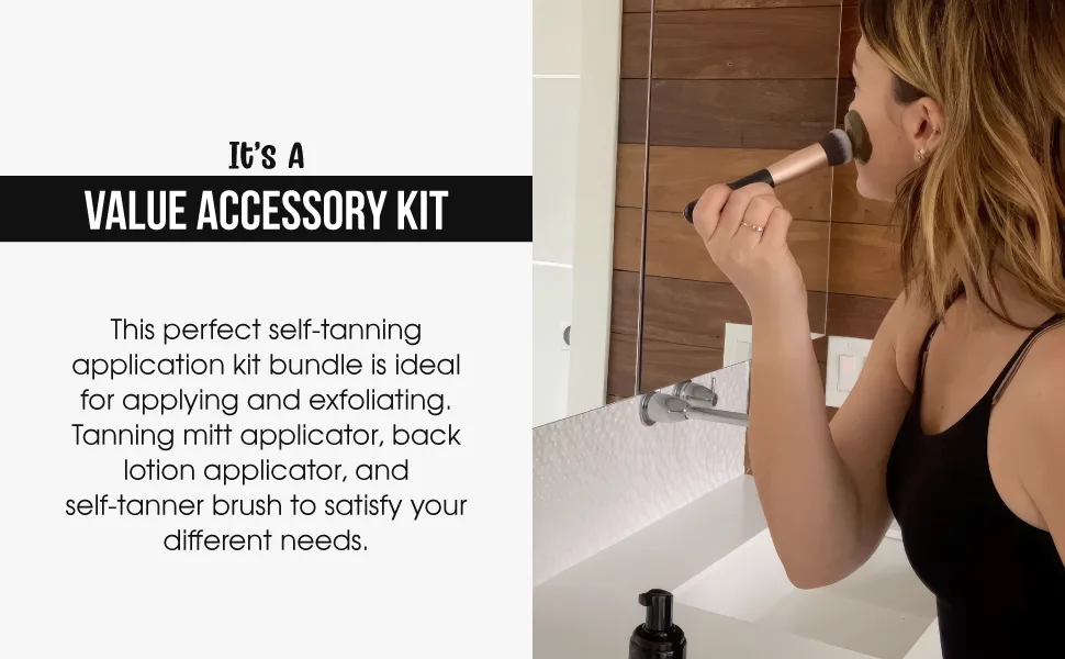 Bronze Tan Self Tanner Accessory Kit - Includes Self Tanning Mitt Tan Remover Exfoliating Mitt Easy-Reach Back Applicator Tanning Brush Applicator for Face & Hands - Sunless Tanning Application - Bronze Tan, Self Tanner Accessory Kit, Mitt Applicator, Tanning Brush, Exfoliating Mitt