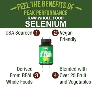 Raw Whole Food Selenium Supplement - Pure Selenium Vegan Capsules for Immune System, Thyroid Support, Heart Health, Prostate. Superior Absorption 30 Pills - Raw Whole Food Selenium
