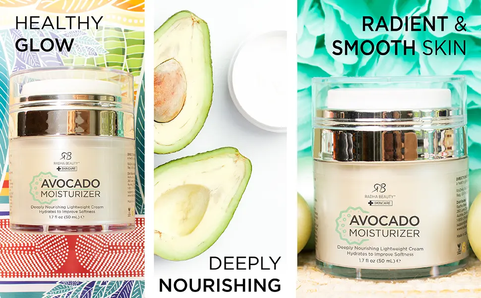 Radha Beauty Glow Boosting Avocado Moisturizer 1.7 fl oz. for Face Neck Decollete - Super Moisturizing Facial Lightweight Cream - Avocado
