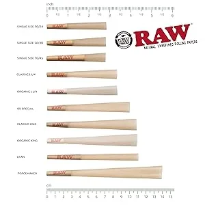 RAW Cones 1 1/4 Size: 100 Pack Patented Slow Burning Pre Rolled Rolling Papers & Tips, Classic Raw Paper, Green BlazerTube - Raw Cones size chart for pre rolled cones rolling papers 109mm 83mm 98mm