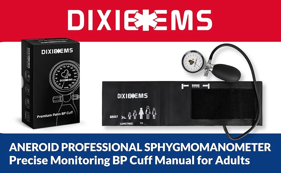 Dixie EMS BP Cuff Aneroid Professional Sphygmomanometer Precise Monitoring Blood Pressure Cuff Manual for Adults - Black - Professional Sphygmomanometer