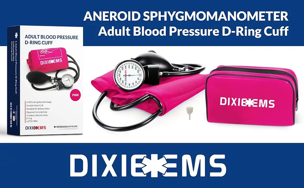 Dixie EMS Deluxe Aneroid Sphygmomanometer Blood Pressure D-Ring Cuff - Pink - Aneroid Sphygmomanometer