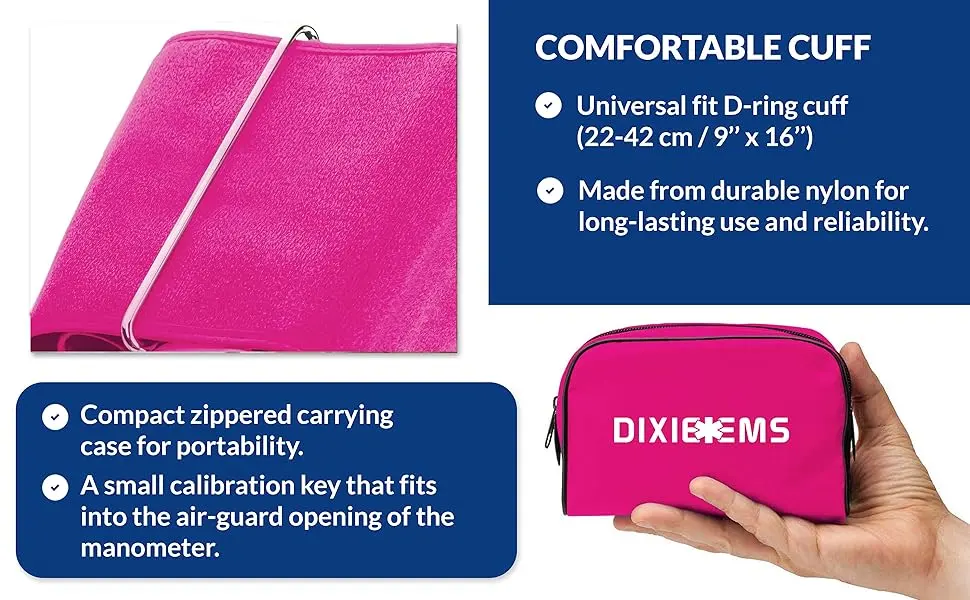 Dixie EMS Deluxe Aneroid Sphygmomanometer Blood Pressure D-Ring Cuff - Pink - Comfortable Cuff