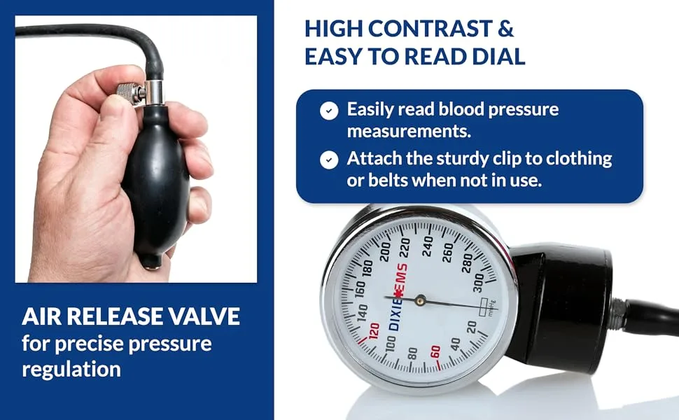 Dixie EMS Deluxe Aneroid Sphygmomanometer Blood Pressure D-Ring Cuff - Pink - Easy to Read Dial