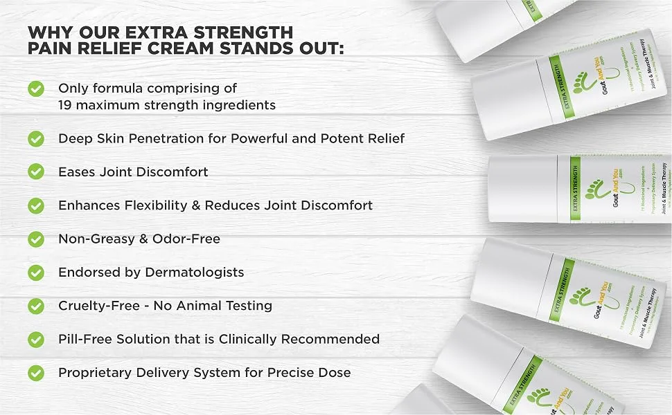 Extra Strength Joint Discomfort Relief Cream for Joint Flare-Ups Tendon Muscle Ache - Fast Acting Joint Discomfort Relieving Rub with 19 Ingredients - Gout and You Extra Strength Cream Benefits