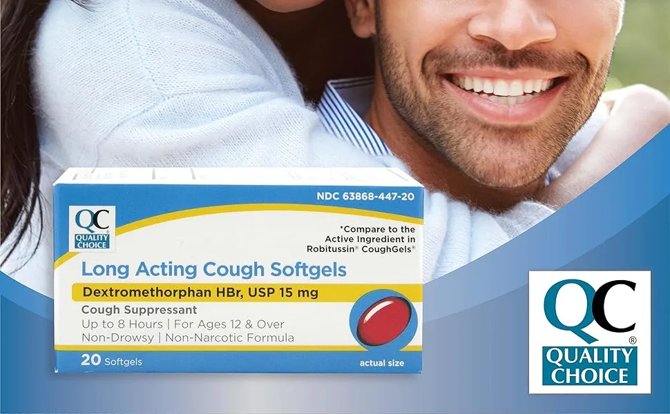 Quality Choice Dextromethorphan Cough Suppressant Long Acting Cough Softgels 8-Hour Cough Relief 20ct - Quality Choice, QC, Cough Relief, Non-drowsy, sore throat, long acting, up to 8 hours relief
