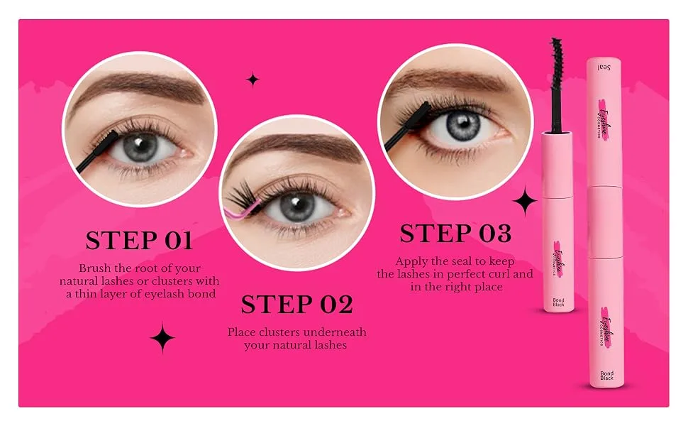 Eyeshine 2-in-1 Bond & Seal - Long-Lasting Lash Adhesive with Curved Brushand Tip Applicator for Flawless Lashes (Black) - Steps for Applying